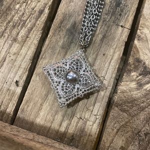 Vintage Whiting & Davis Filigree Ornate Pendant Necklace Flower Cross BoHo